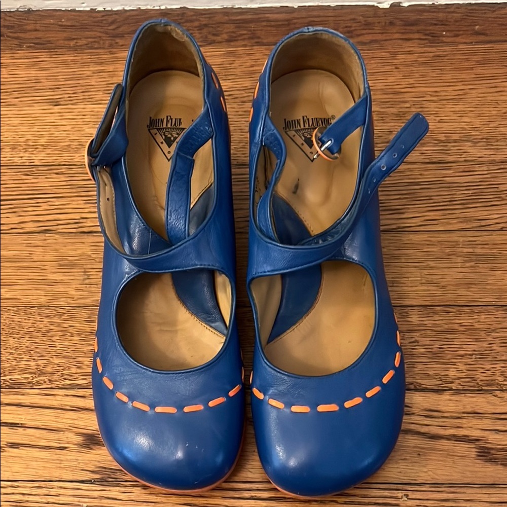 John Fluevog Vibrant Blue and Orange Strap Shoes